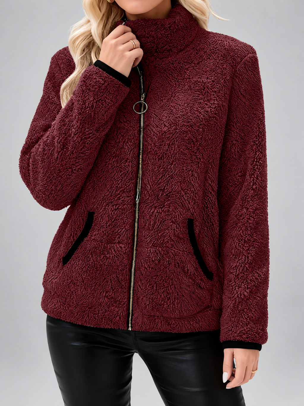 Women's Teddy Jacket | Fleece Zip-Up Jacket with Pockets – Purple 1 – 2
