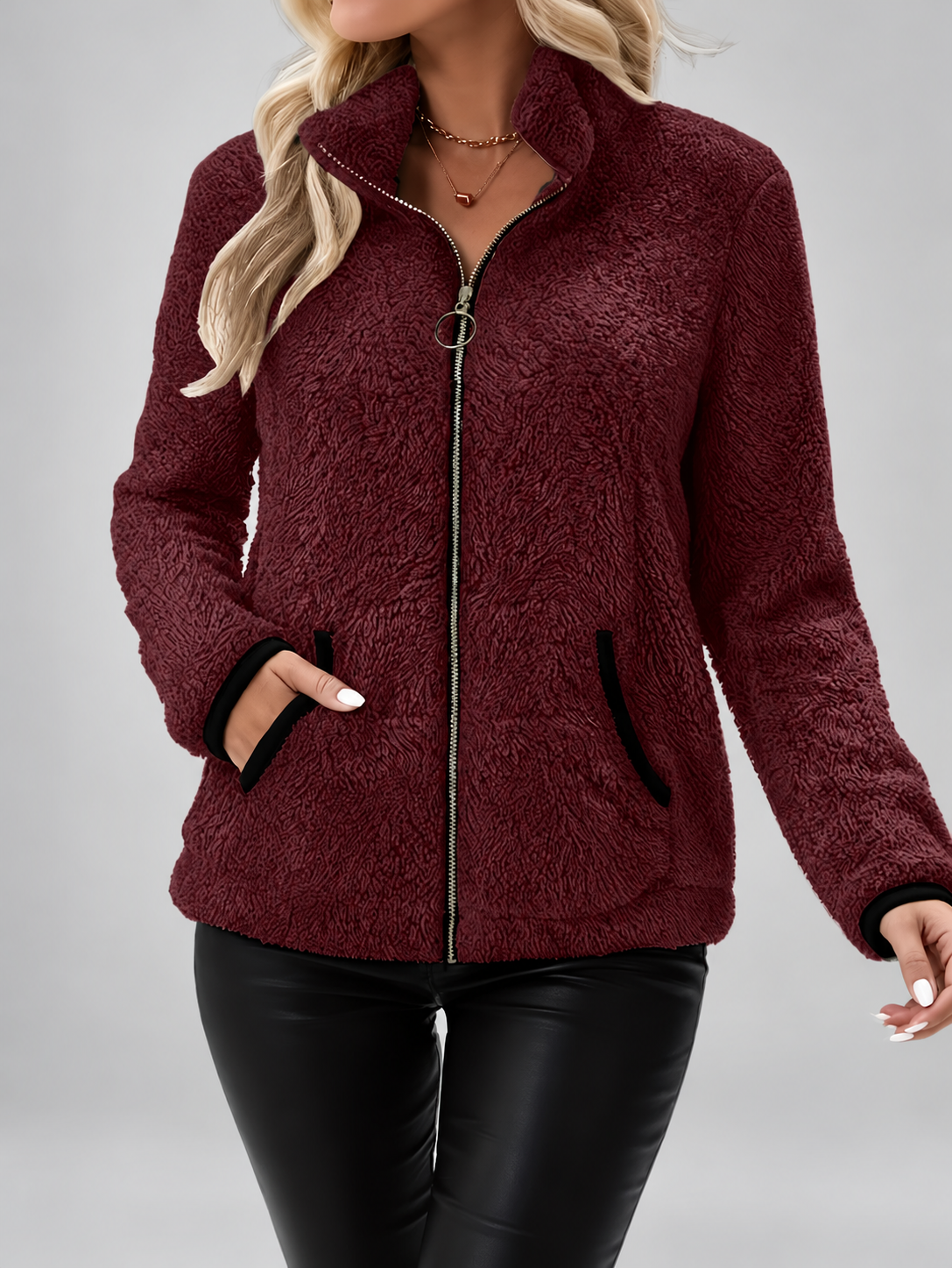Women's Teddy Jacket | Fleece Zip-Up Jacket with Pockets – Purple 1 – 3