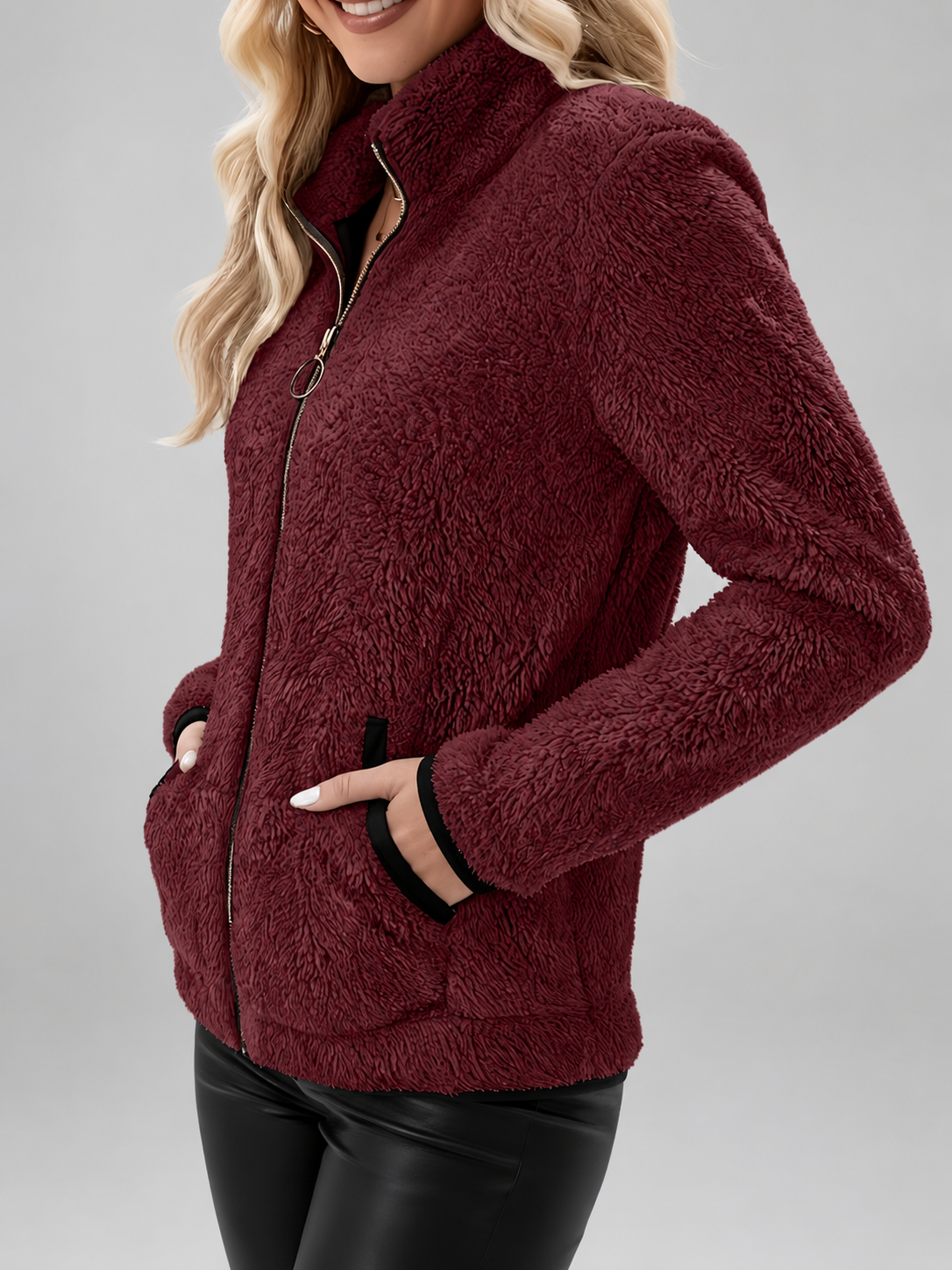 Women's Teddy Jacket | Fleece Zip-Up Jacket with Pockets – Purple 1 – 6
