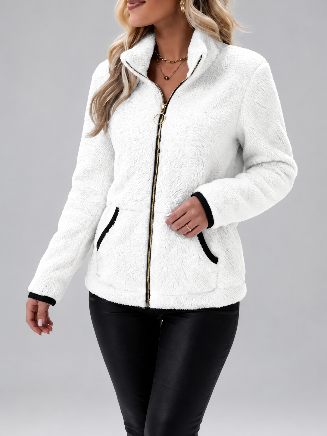 Women's Teddy Jacket | Fleece Zip-Up Jacket with Pockets – White – 3