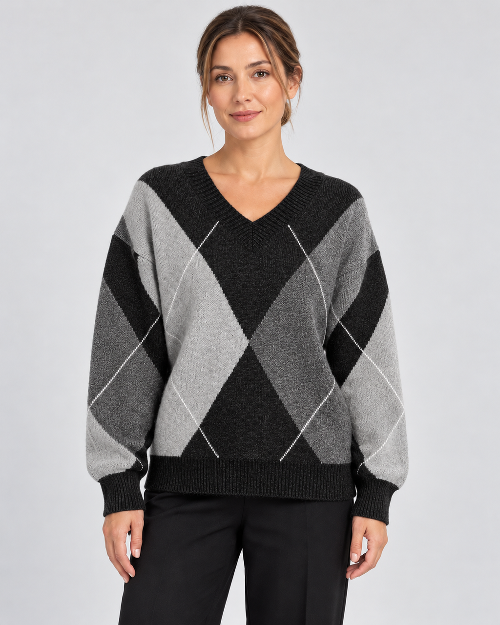Women's Relaxed Argyle V-Neck Knitted Jumper with Ribbed Trims in Dark Grey – photo 1