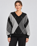 Women's Relaxed Argyle V-Neck Knitted Jumper with Ribbed Trims in Dark Grey – photo 1