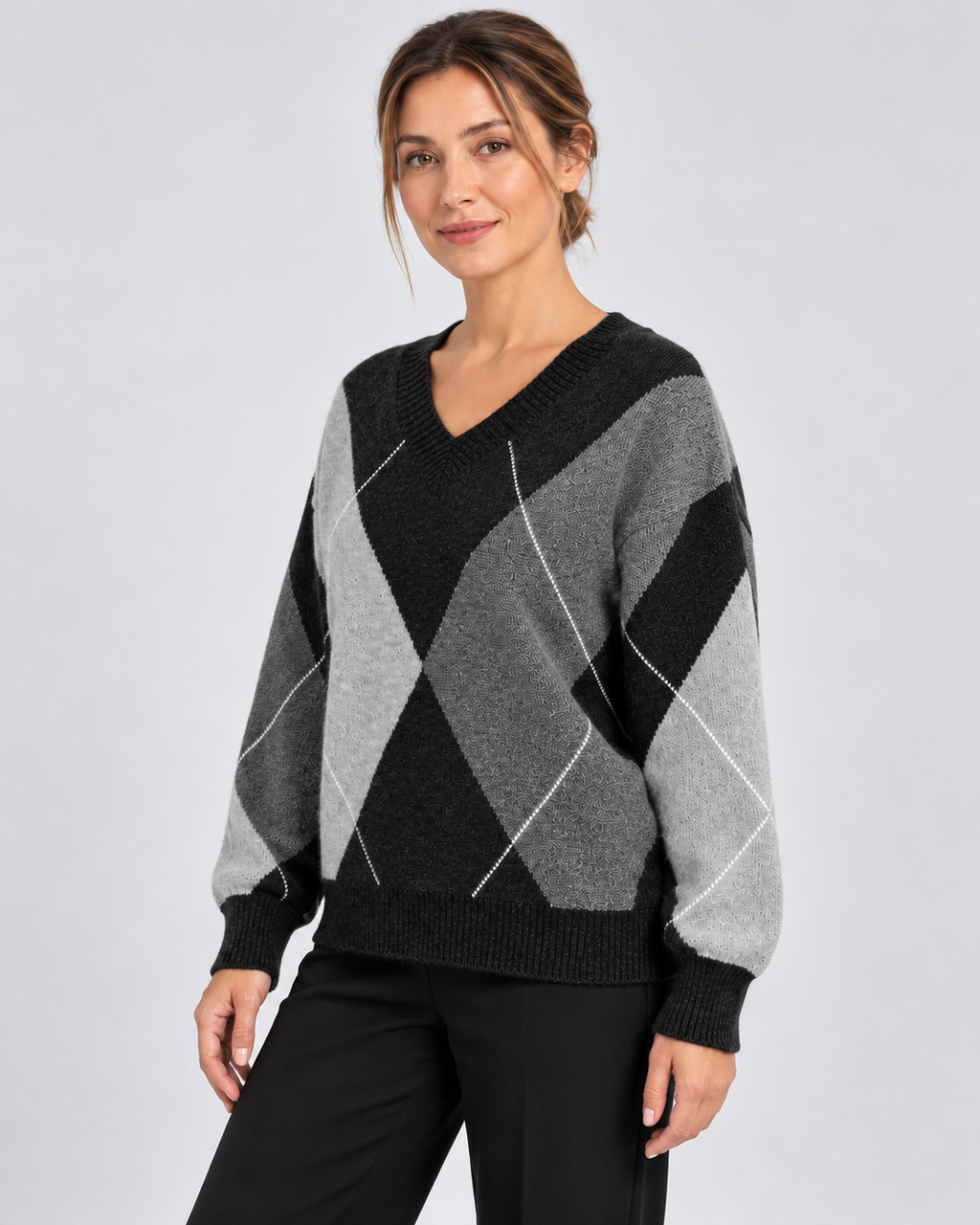 Women's Relaxed Argyle V-Neck Knitted Jumper with Ribbed Trims in Dark Grey – photo 2