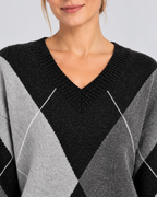Women's Relaxed Argyle V-Neck Knitted Jumper with Ribbed Trims in Dark Grey – photo 4