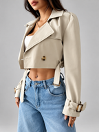 Women's Beige Cropped Trench Coat with Lapel Collar and Belt