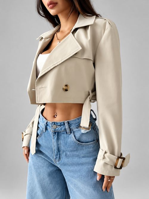 Women's Beige Cropped Trench Coat with Lapel Collar and Belt