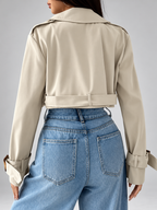 Women's Beige Cropped Trench Coat with Lapel Collar and Belt
