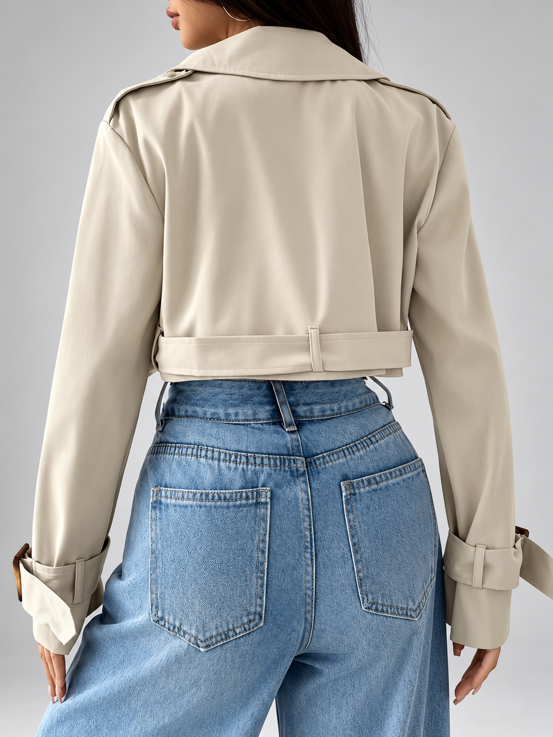 Women's Beige Cropped Trench Coat with Lapel Collar and Belt