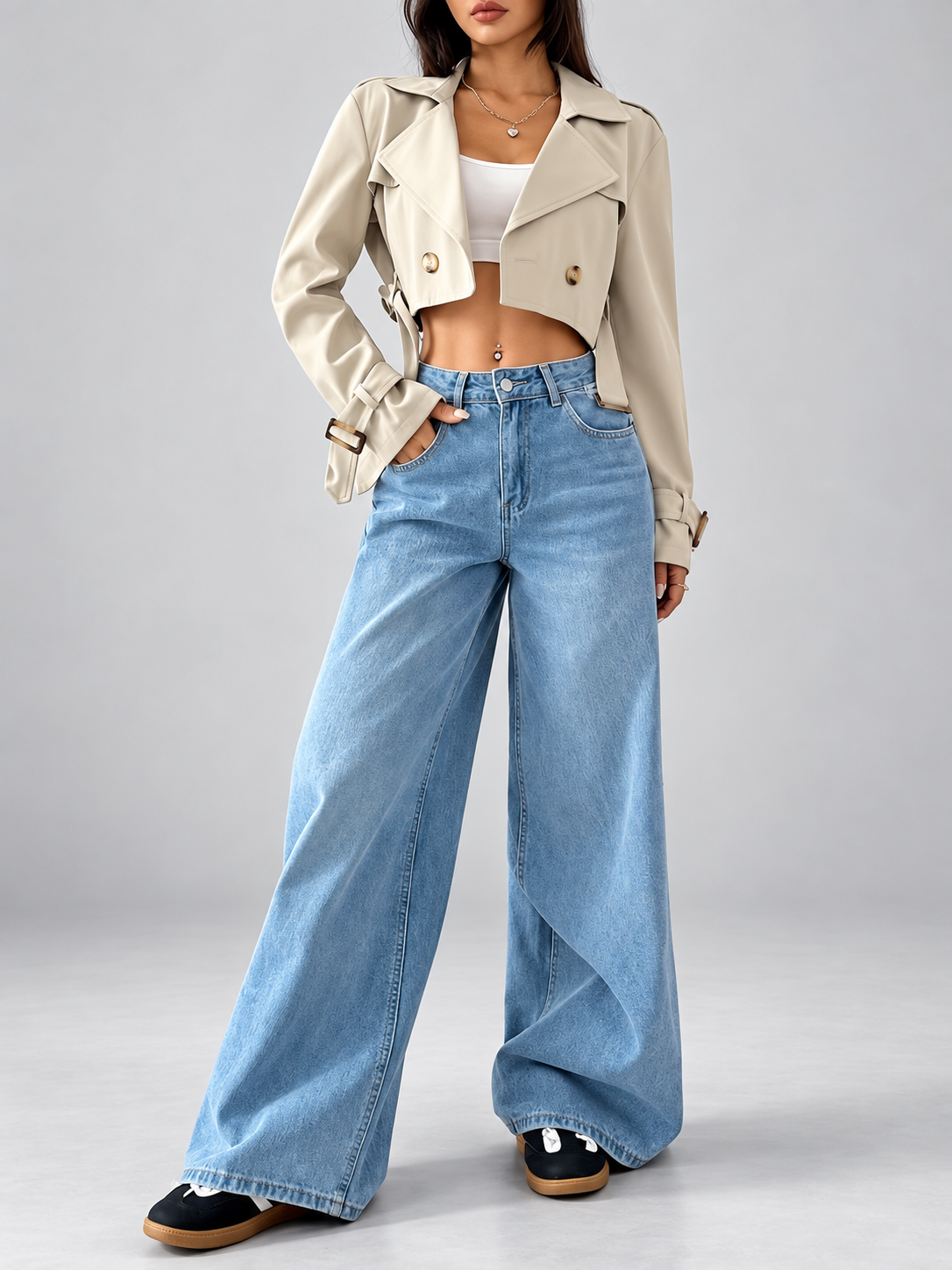 Women's Beige Cropped Trench Coat with Lapel Collar and Belt