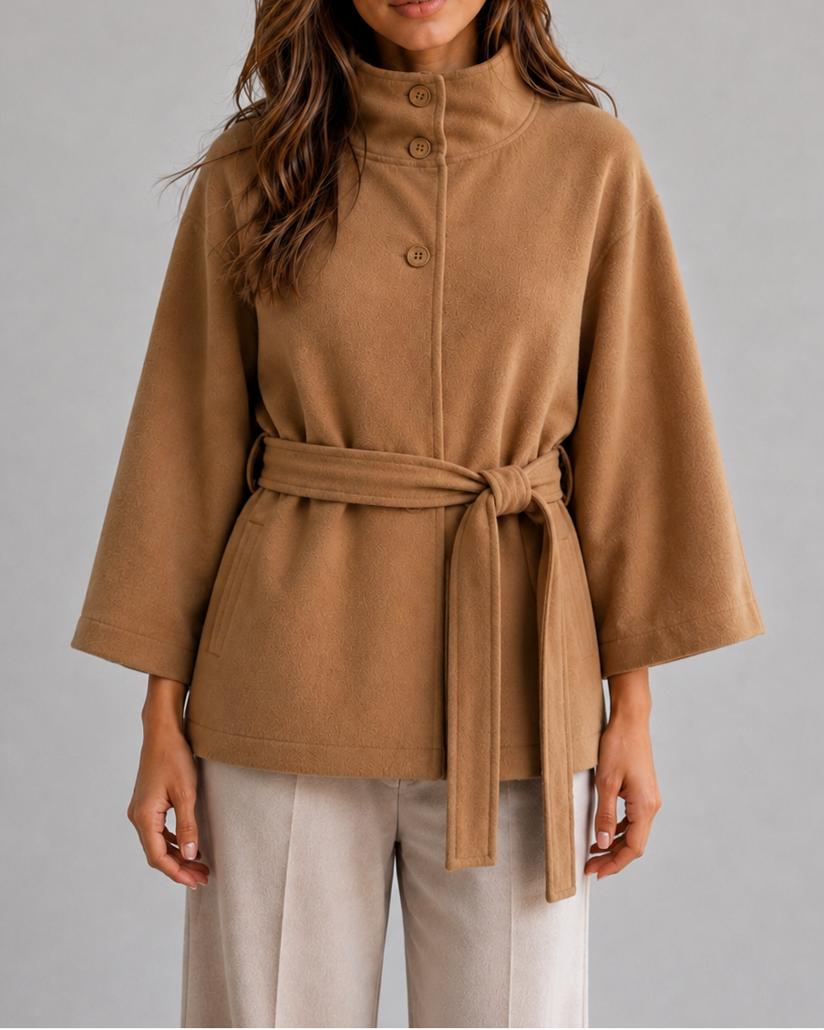 Women's Wrap Cape Coat with Stand Collar and Tie Belt