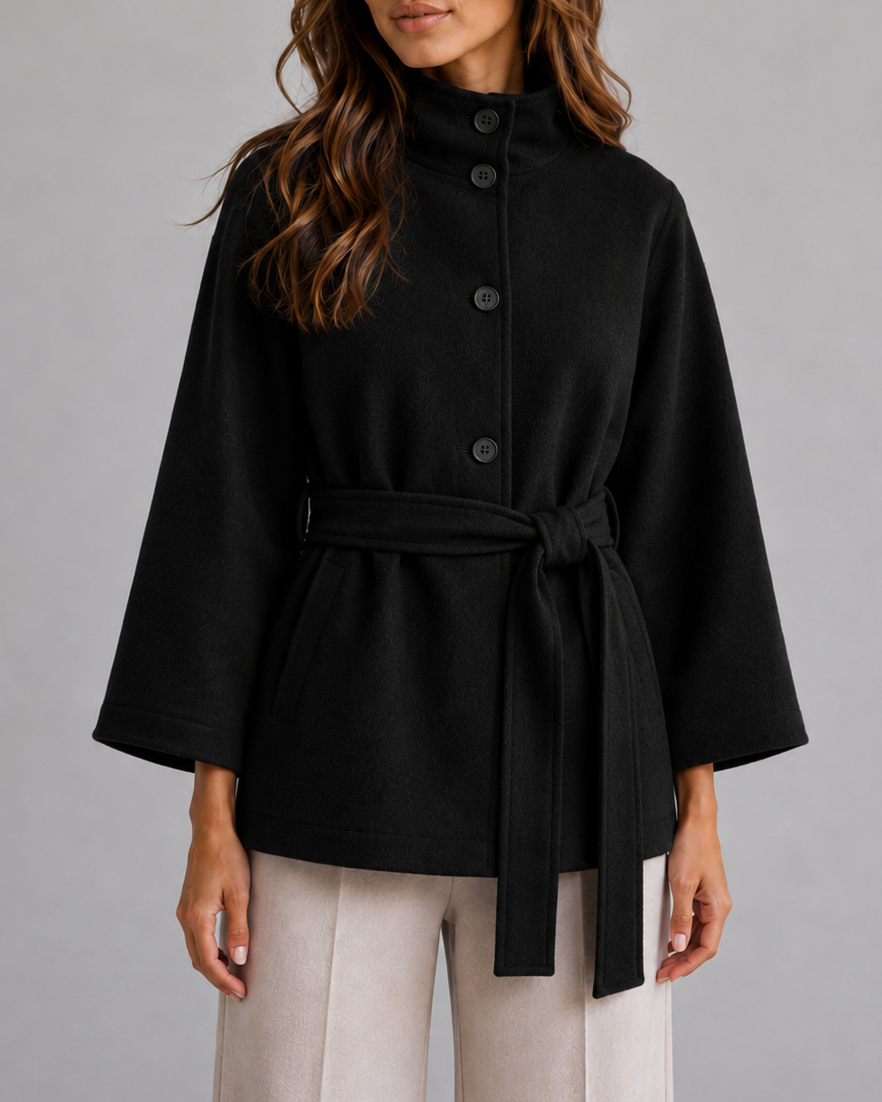 Women's Wrap Cape Coat with Stand Collar and Tie Belt