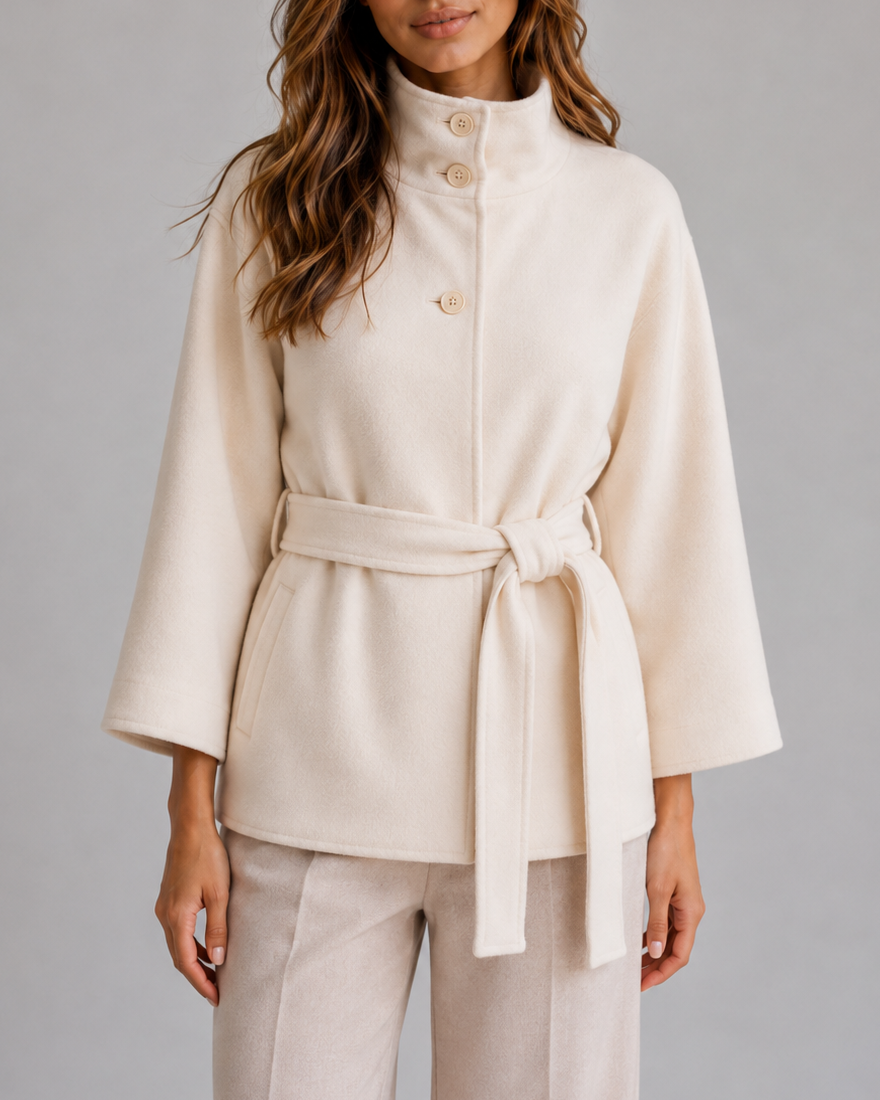 Women's Wrap Cape Coat with Stand Collar and Tie Belt