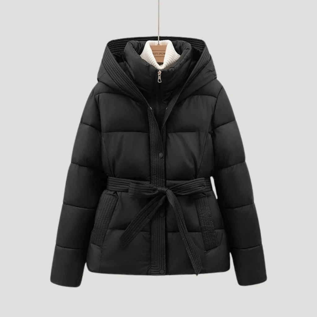 Women's Belted Hooded Puffer Jacket with Button Placket and Ribbed Cuffs in Black – Front View