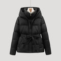 Women's Belted Hooded Puffer Jacket with Button Placket and Ribbed Cuffs in Black – Front View