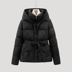Women's Belted Hooded Puffer Jacket with Button Placket and Ribbed Cuffs in Black – Front View