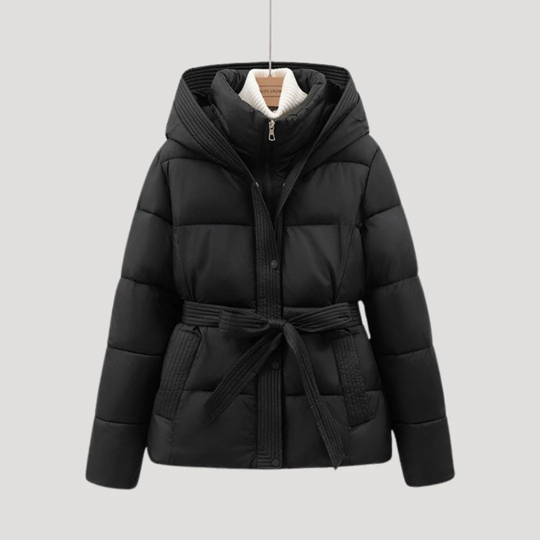 Women's Belted Hooded Puffer Jacket with Button Placket and Ribbed Cuffs in Black – Front View