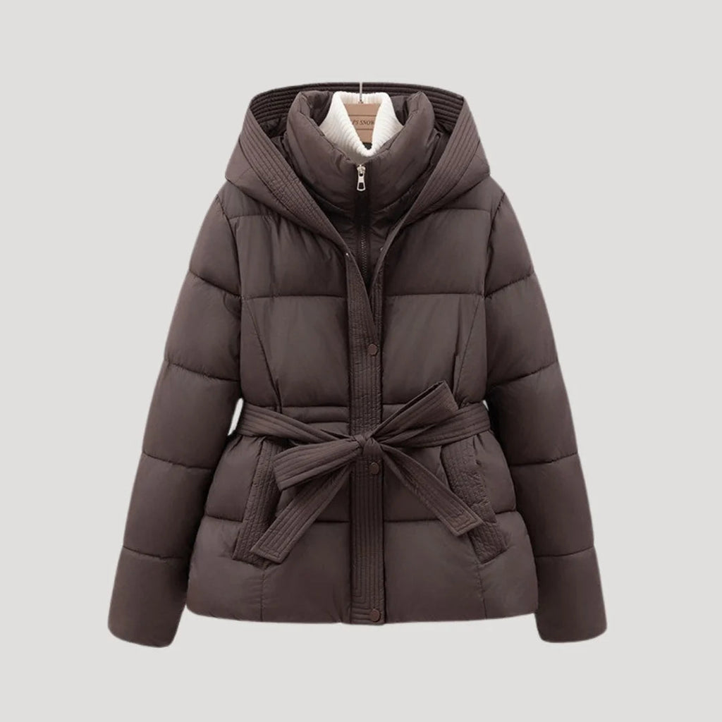 Women's Belted Hooded Puffer Jacket with Button Placket and Ribbed Cuffs in Dark Brown – Front View