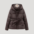 Women's Belted Hooded Puffer Jacket with Button Placket and Ribbed Cuffs in Dark Brown – Front View