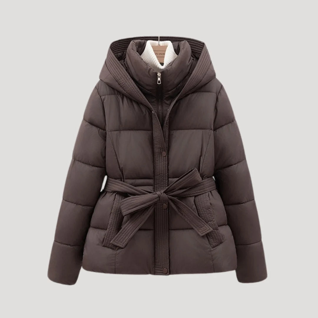 Women's Belted Hooded Puffer Jacket with Button Placket and Ribbed Cuffs in Dark Brown – Front View