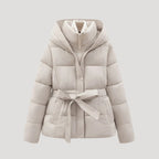 Women's Belted Hooded Puffer Jacket with Button Placket and Ribbed Cuffs in Off White – Front View