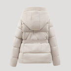 Women's Belted Hooded Puffer Jacket with Button Placket and Ribbed Cuffs in Off White – Back View