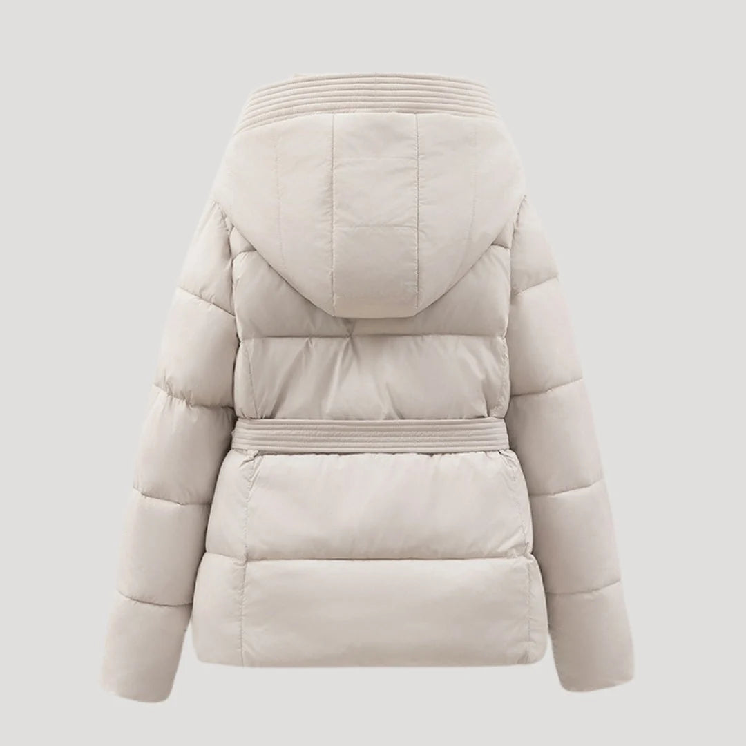 Women's Belted Hooded Puffer Jacket with Button Placket and Ribbed Cuffs in Off White – Back View