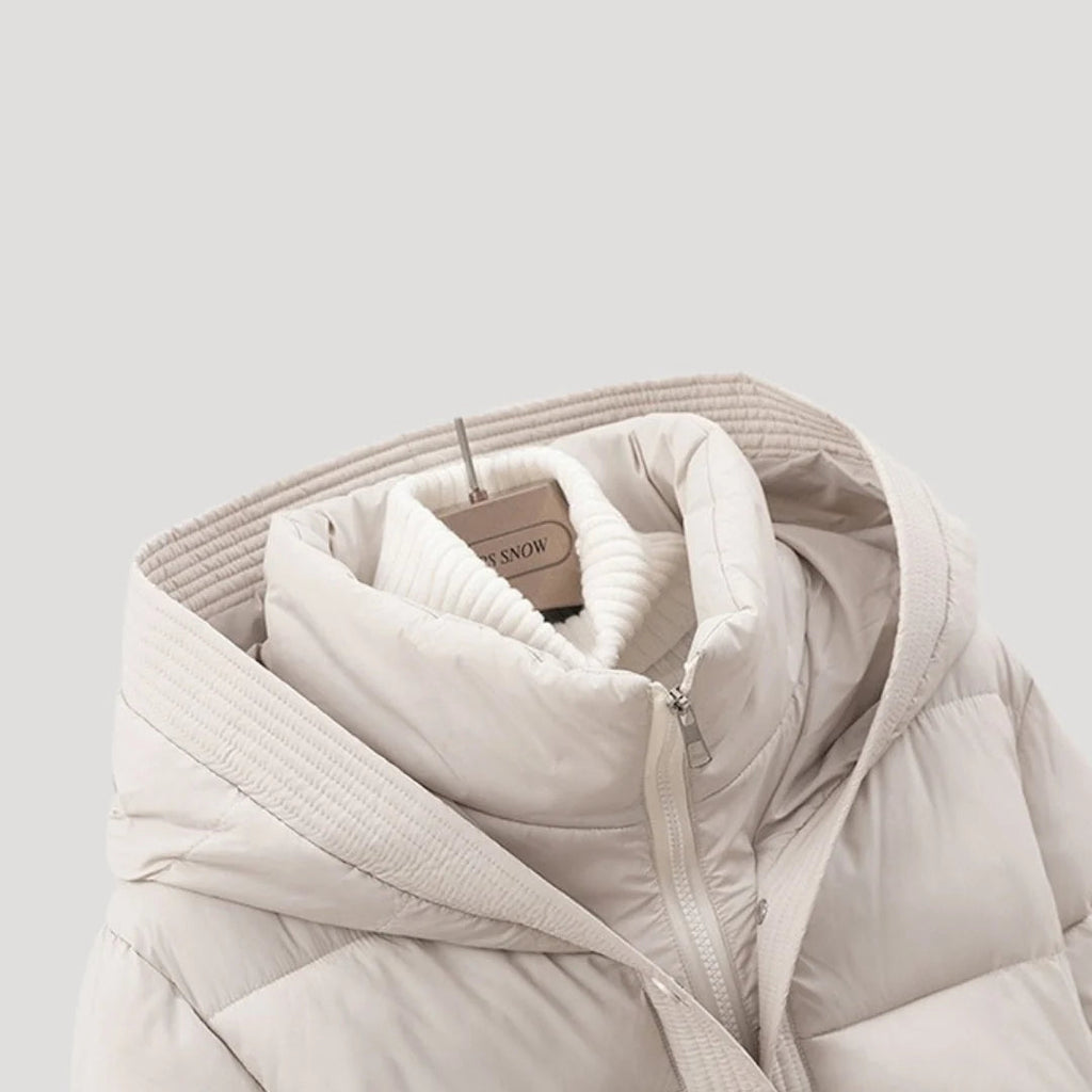 Women's Belted Hooded Puffer Jacket with Button Placket and Ribbed Cuffs in Off White – Detail View