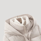 Women's Belted Hooded Puffer Jacket with Button Placket and Ribbed Cuffs in Off White – Detail View