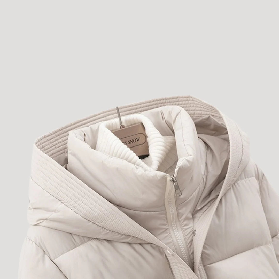Women's Belted Hooded Puffer Jacket with Button Placket and Ribbed Cuffs in Off White – Detail View