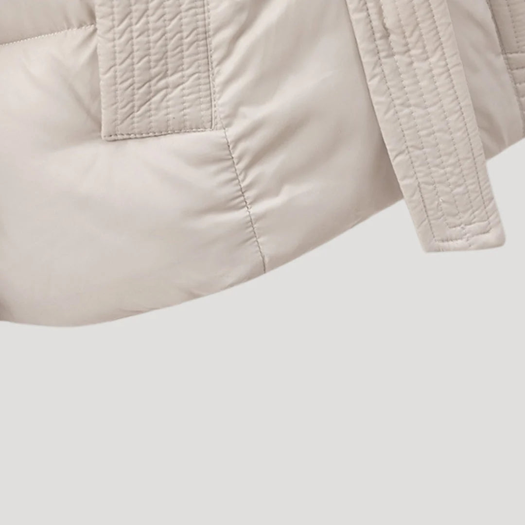 Women's Belted Hooded Puffer Jacket with Button Placket and Ribbed Cuffs in Off White – Detail View