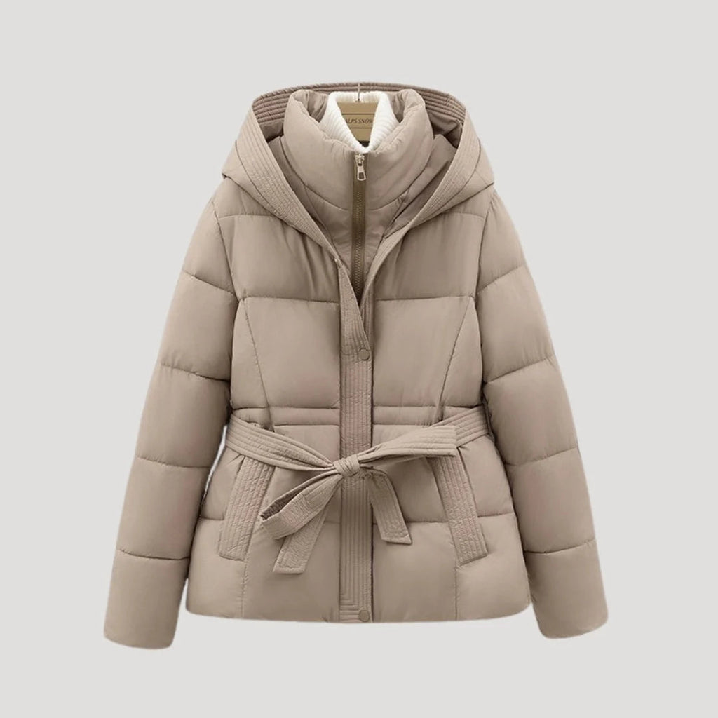 Women's Belted Hooded Puffer Jacket with Button Placket and Ribbed Cuffs in Light Taupe – Front View
