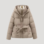 Women's Belted Hooded Puffer Jacket with Button Placket and Ribbed Cuffs in Light Taupe – Front View