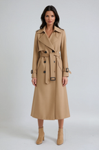 Women's Belted Long Trench Coat with Double-Breasted Front