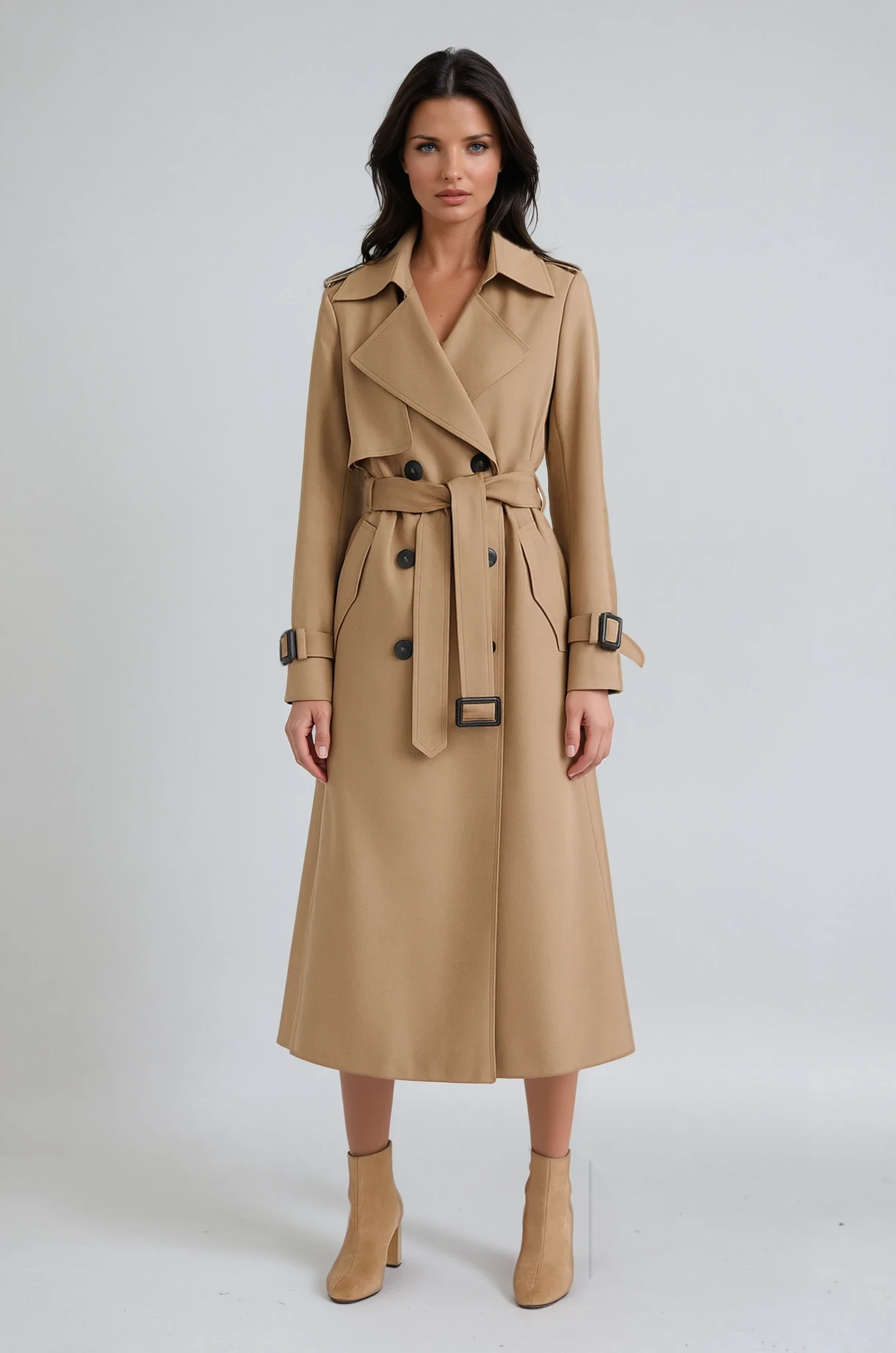 Women's Belted Long Trench Coat with Double-Breasted Front