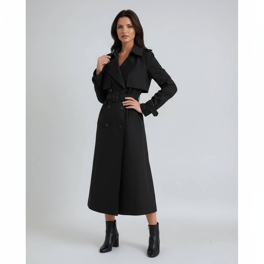Women's Belted Long Trench Coat with Double-Breasted Front