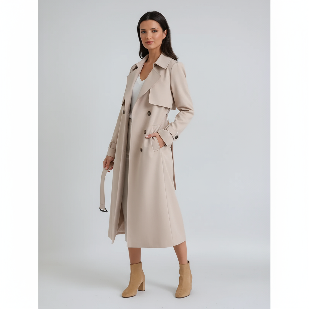 Women's Belted Long Trench Coat with Double-Breasted Front