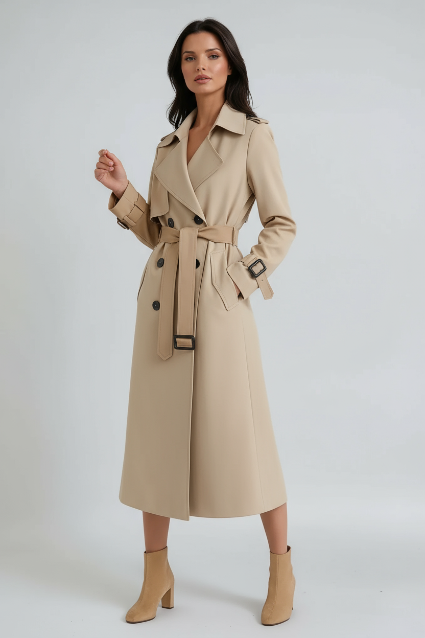 Women's Belted Long Trench Coat with Double-Breasted Front