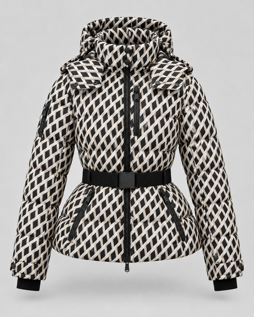 Women's Belted Puffer Jacket with Detachable Hood and Zip Pockets