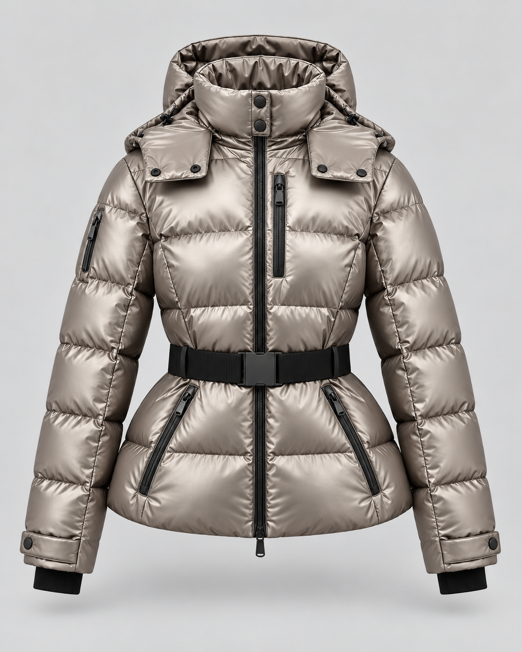Women's Belted Puffer Jacket with Detachable Hood and Zip Pockets
