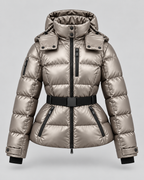Women's Belted Puffer Jacket with Detachable Hood and Zip Pockets