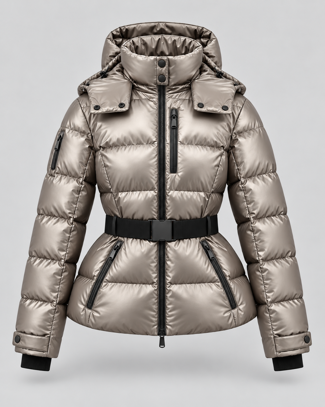 Women's Belted Puffer Jacket with Detachable Hood and Zip Pockets