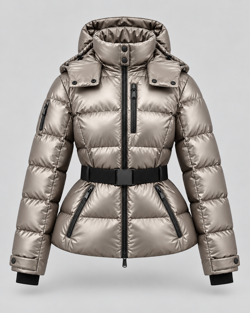 Women's Belted Puffer Jacket with Detachable Hood and Zip Pockets