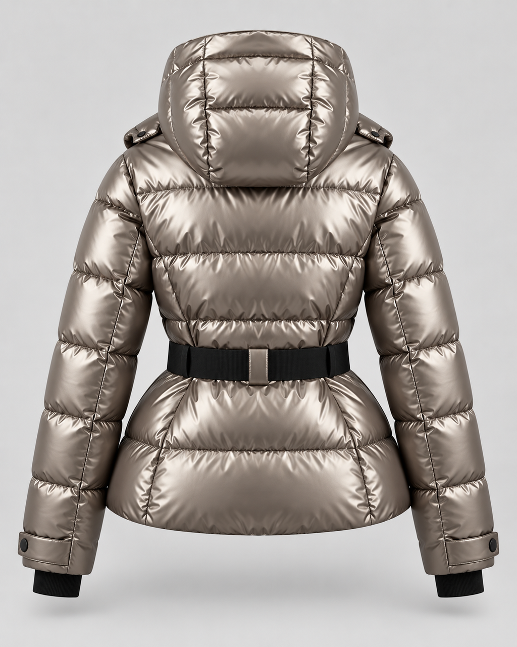 Women's Belted Puffer Jacket with Detachable Hood and Zip Pockets