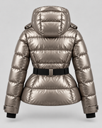 Women's Belted Puffer Jacket with Detachable Hood and Zip Pockets