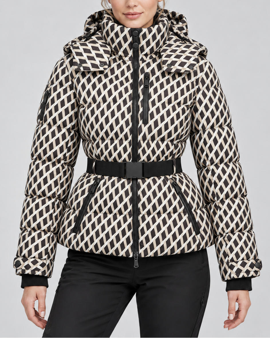 Women's Belted Puffer Jacket with Detachable Hood and Zip Pockets