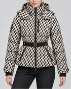 Women's Belted Puffer Jacket with Detachable Hood and Zip Pockets