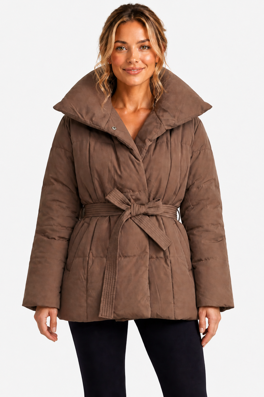 Women's Belted Puffer Jacket with Oversized Shawl Collar and Tie Waist in Brown – Front View
