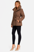 Women's Belted Puffer Jacket with Oversized Shawl Collar and Tie Waist in Brown – Three-Quarter View