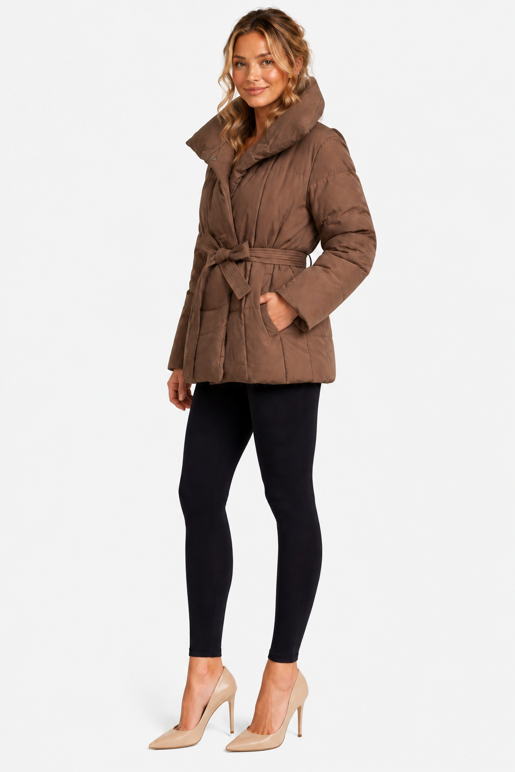 Women's Belted Puffer Jacket with Oversized Shawl Collar and Tie Waist in Brown – Three-Quarter View