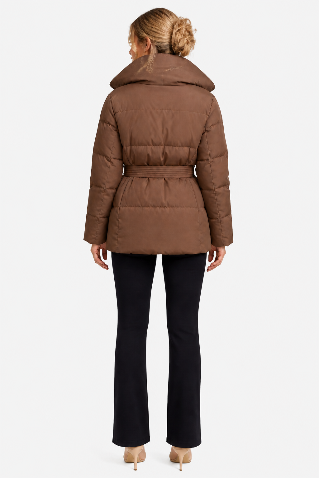 Women's Belted Puffer Jacket with Oversized Shawl Collar and Tie Waist in Brown – Back View